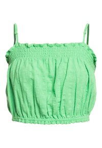 Ljusgrön kort ärmad tanktop med tunna justerbara axelband, smockad elastisk halsringning och nederkant, samt texturerad tyg.