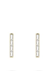 Goldene Ohrringe mit vertikalen, rechteckigen klaren Edelsteinen, die in einem linearen Muster angeordnet sind und ein schlankes, modernes Design präsentieren.