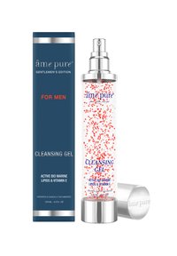 Rensningsgel i en gennemsigtig flaske med røde og hvide prikker; sølv pumpe-dispenser. Blå emballage med teksten "Gentlemen's Edition".