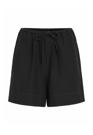 Pantalones cortos negros de tejido ligero, con una cintura elástica equipada con cordón y un corte relajado, con dobladillos doblados.