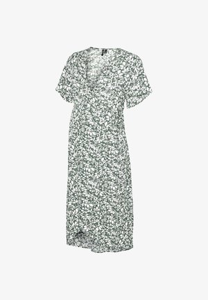 Groene en witte bloemen wikkeljurk met korte mouwen en V-hals, midi lengte, gestrikt in de taille.