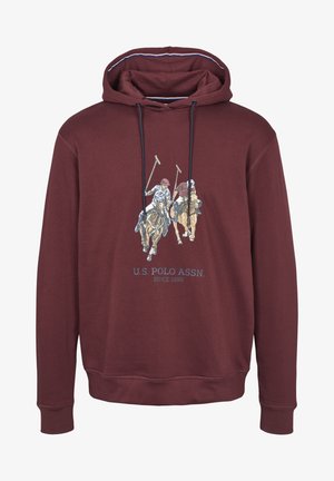 Bordowa bluza z kapturem z przodu z grafiką dwóch zawodników polo na koniach, czarne sznurki ściągające i tekst "U.S. Polo Assn. Since 1890" poniżej.