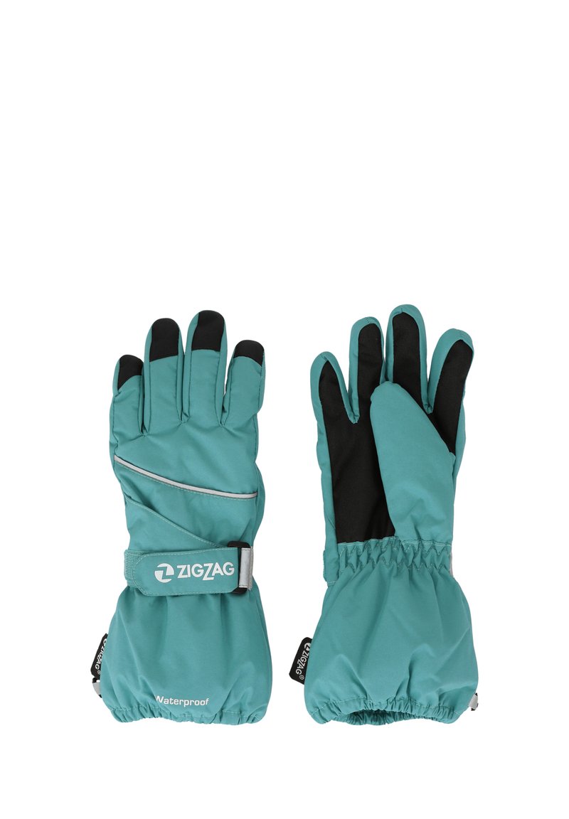 Teal vattentäta handskar med svarta fingertoppar, elastiska ärmslut och reflekterande detaljer. Funkar med varumärkeslogo och justerbart handledsband.