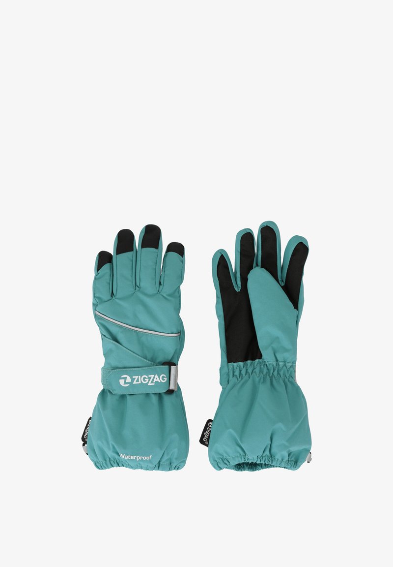 Teal-väriset vedenpitävät hanskat mustilla sormilla, elastisilla hihansuilla ja heijastavilla yksityiskohdilla. Varustettu merkkilogolla ja säädettävällä rannekkeella.