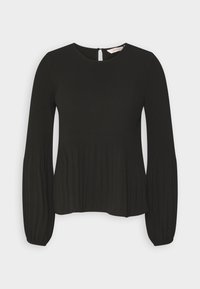 Top nero a maniche lunghe realizzato in tessuto a coste, con scollatura rotonda, vita arricciata e dettaglio a chiave sul retro.