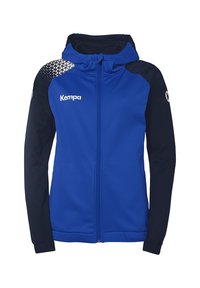 Giacca a zip blu e nera realizzata in morbido tessuto, con cappuccio, tasche laterali e un motivo geometrico sulle spalle. Logo sul davanti.