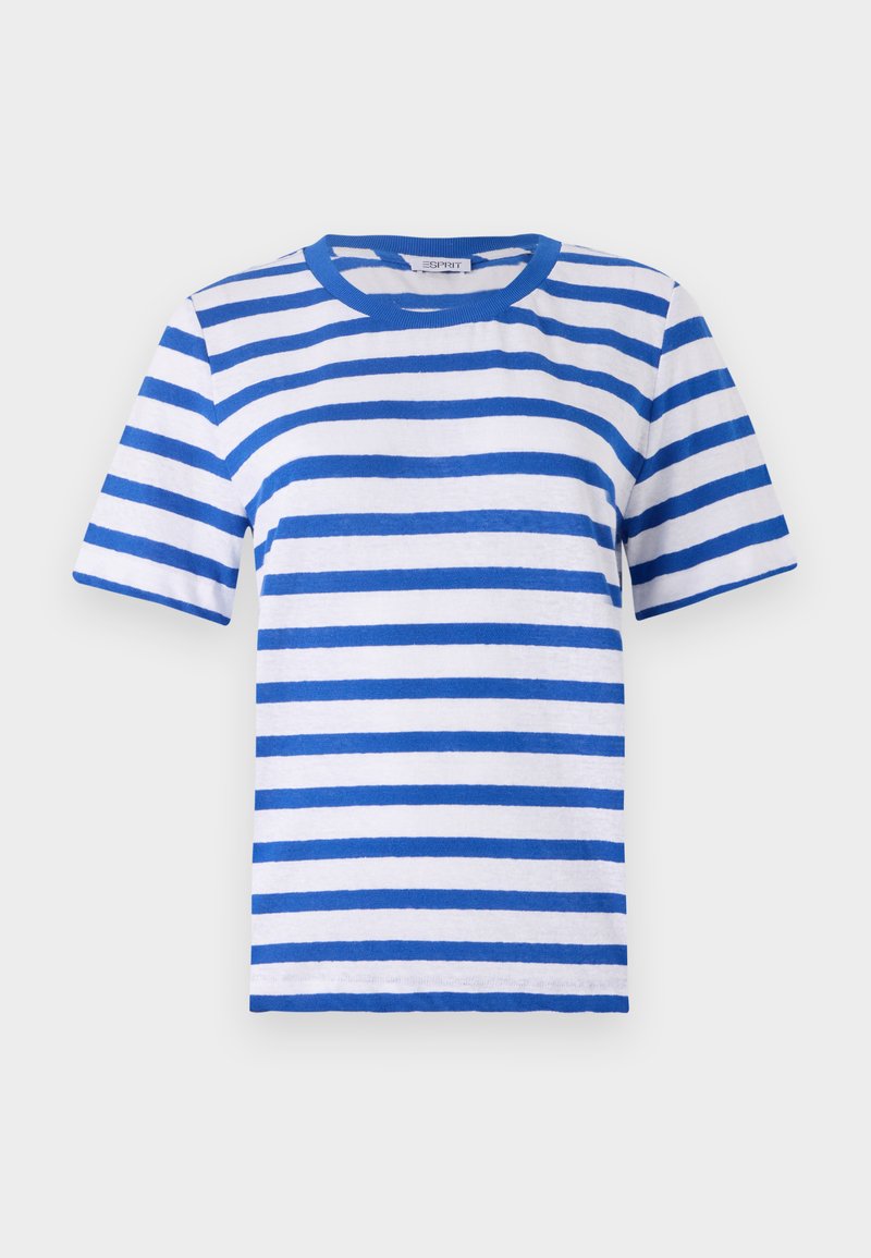 Gestreiftes T-Shirt mit blauen und weißen horizontalen Streifen, kurzen Ärmeln, Rundhalsausschnitt, aus weichem Stoff. Einfaches Design ohne zusätzliche Akzente.