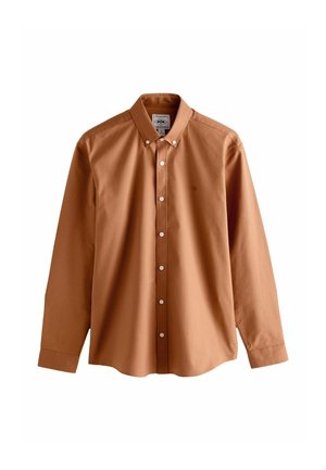 Braunes Hemd mit langen Ärmeln, Kragen und weißen Knöpfen. Aus glattem Stoff gefertigt, verfügt über ein kleines Logo auf der Brust.