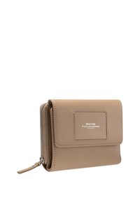 Brown leather wallet with zip closure, fold-over flap, smooth texture, brand logo on front, compact design ideal for carrying essentials.