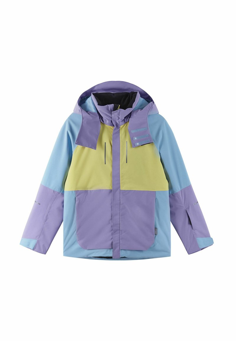 Kolorowa kurtka z mieszanką jasnego fioletu, niebieskiego i żółtego. Wykonana z materiału wodoodpornego, posiada kaptur, kieszenie i detale na zamkach.