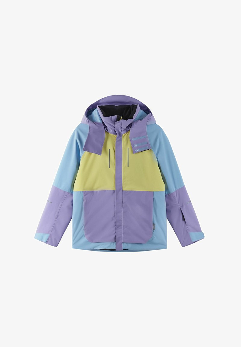 Kolorowa kurtka z mieszanką jasnego fioletu, niebieskiego i żółtego. Wykonana z materiału wodoodpornego, posiada kaptur, kieszenie i detale na zamkach.