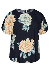 Blumenbluse aus marineblauem Stoff mit großen, hellpfirsichfarbenen und blauen Blumen. Runder Ausschnitt mit einem Reißverschluss auf der Rückseite. Kurzärmlig.