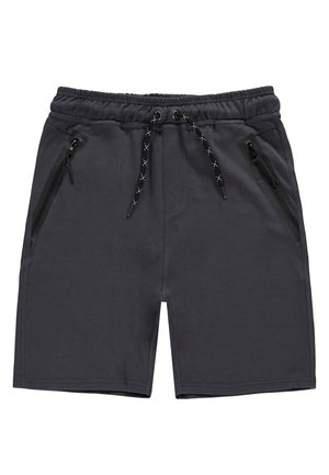 Donkergrijze sportshorts met een tailleband met trekkoord, zijzakken met rits en een gladde stofstructuur. Geen extra patronen of accenten.