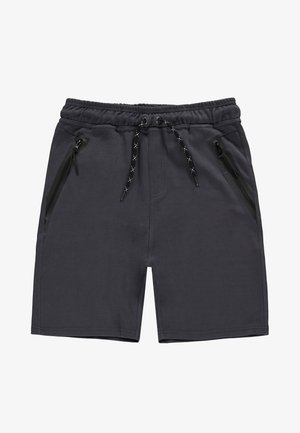 Donkergrijze sportshorts met een tailleband met trekkoord, zijzakken met rits en een gladde stofstructuur. Geen extra patronen of accenten.
