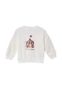 Witte sweatshirt met lange, opbollende mouwen. Kenmerkt een circus tent graphic in rood en roze met een vlag en de tekst "circus LOVE" eronder.