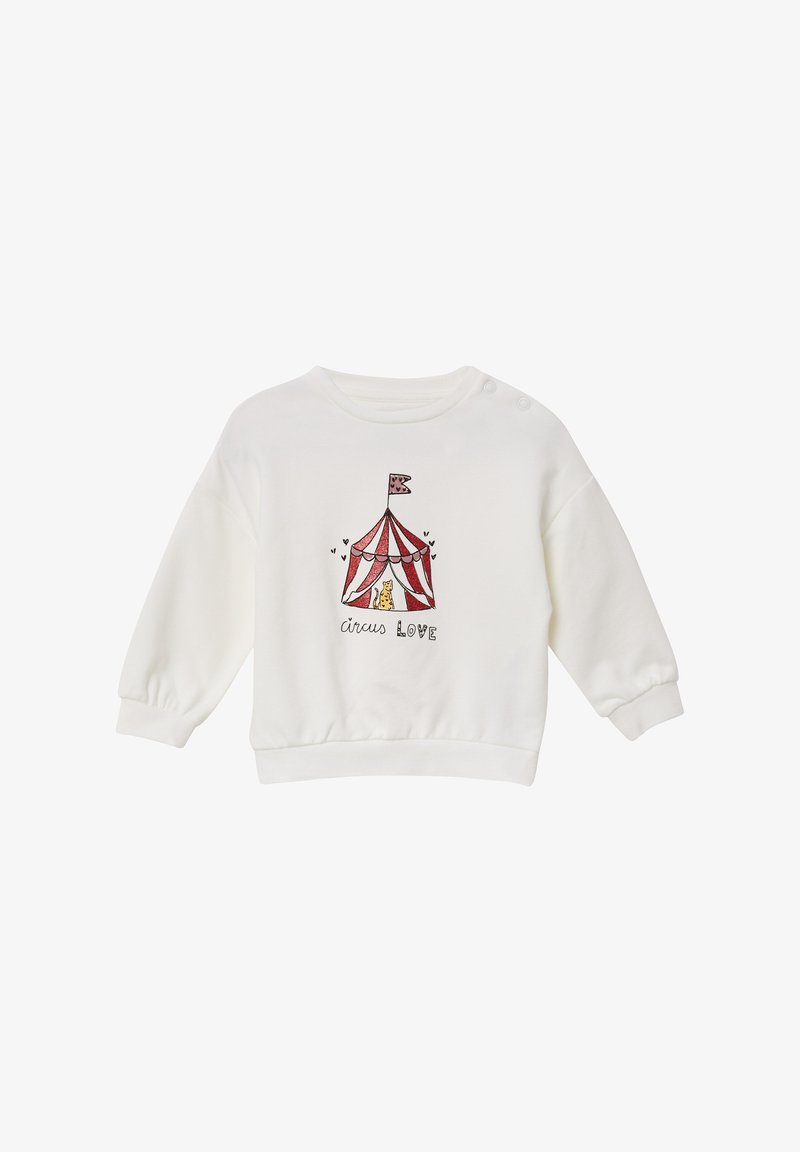 Witte sweatshirt met lange, opbollende mouwen. Kenmerkt een circus tent graphic in rood en roze met een vlag en de tekst "circus LOVE" eronder.