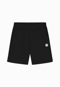 Zwarte sportieve shorts van zacht materiaal, met een elastische tailleband, zijzakken en een klein wit logo aan de voorkant.