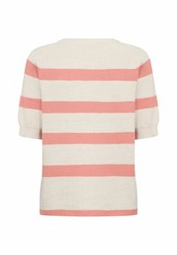 Short-sleeve sweater featuring horizontal stripes in light pink and cream. Textured knit fabric with a rounded neckline and relaxed fit.