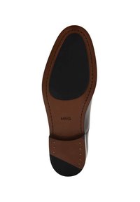 Suola di scarpa in pelle marrone con finitura liscia, dotata di dettagli in gomma nera e cuciture decorative lungo i bordi. Nome del marchio "MNG" in rilievo.