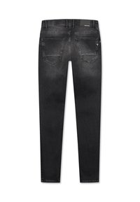 Zwarte denim jeans met een slim fit, voorzien van twee achterzakken en een merketiket op de tailleband. Glad textuur en subtiele vervagingsdetails.