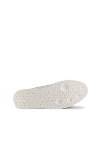 Schuhsohle aus weißem Gummi mit einem strukturierten, geometrischen Muster. Enthält kreisförmige Vertiefungen für Grip und Logos. Größe ist mit 43 gekennzeichnet.