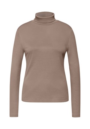 Beige rullekrave top lavet af blødt, strækbart stof. Har lange ærmer og en tætsiddende silhuet med ribstrikket tekstur.