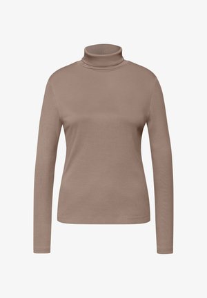 Beige poolopaita, joka on tehty pehmeästä, joustavasta kankaasta. Siinä on pitkät hihat ja vartalonmyötäinen malli, jossa on resoripinta.