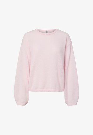 Világos rózsaszín kötött pulóver hosszú ballonujjakkal, bordázott mandzsettákkal, kerek nyakkivágással és enyhén rövidített szegéllyel.