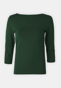 Dark green, long-sleeve top with a boat neckline. Smooth texture, fitted design, and mid-length sleeves. No visible patterns or accents.
