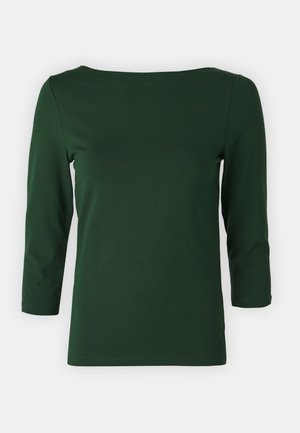 Dark green, long-sleeve top with a boat neckline. Smooth texture, fitted design, and mid-length sleeves. No visible patterns or accents.