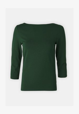 Top verde escuro de mangas longas com decote barco. Textura suave, design justo e mangas de comprimento médio. Sem padrões ou acentos visíveis.