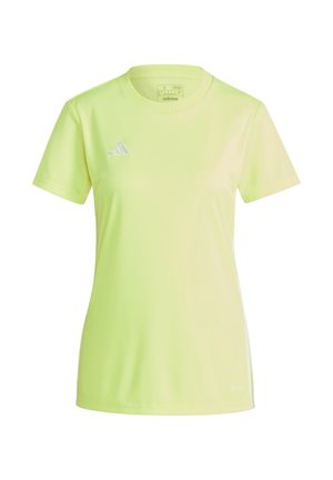 Lime green short-sleeve athletic shirt with mesh accents, featuring a round neckline and white Adidas logo on the left chest.