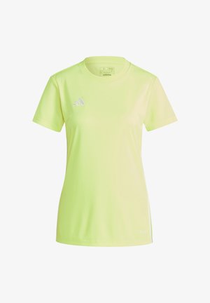 T-shirt de sport à manches courtes vert lime avec des accents en mesh, présentant un col rond et un logo Adidas blanc sur la poitrine gauche.