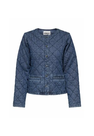 Jachetă din denim capitonată, de culoare albastru închis, cu guler rotund, nasturi cu snap în față și două buzunare cu o margine contrastantă.