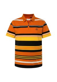 Polo tričko s krátkým rukávem se vzorem vodorovných pruhů v oranžové, černé, žluté a bílé barvě. Obsahuje zipový límec a logo na hrudi.