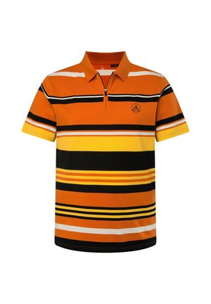 Kortærmet polo skjorte med orange, sort, gul og hvid vandrette striber. Indeholder en lynlås krave og et logo på brystet.