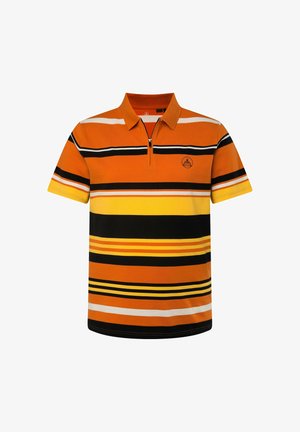 Kortærmet polo skjorte med orange, sort, gul og hvid vandrette striber. Indeholder en lynlås krave og et logo på brystet.