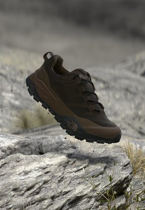 Brun og sort trailsko med robust sål svæver over klippefyldt underlag udendørs, omgivet af små planter og sløret baggrund.