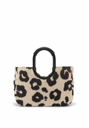 Petit sac à main rectangulaire avec une texture imprimé léopard beige et noir et des poignées noires arrondies.