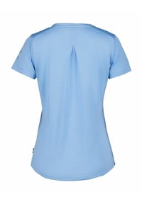Lys blå atletisk t-shirt med korte ærmer, tekstureret stof, en detalje med plissé bagpå og en buet kant.