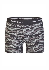 Black and gray striped boxer shorts with a soft elastic waistband labeled "HAPPY SHORTS," featuring a fitted design and smooth fabric texture.