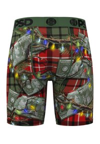 Boxer shorts featuring a green elastic waistband, a plaid pattern in red and black, decorated with dollar bills, pine branches, and colorful lights.