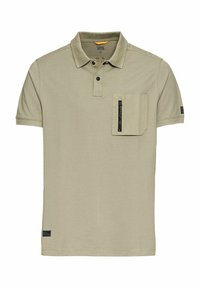 Kaki Poloshirt mit Kragen, kurzen Ärmeln und einer Brusttasche mit Reißverschluss. Hergestellt aus weichem, strukturiertem Stoff.