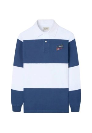 Polo de manga larga a rayas azul marino y blanco con cuello y logo bordado en el pecho izquierdo. Material de algodón, ajuste relajado.