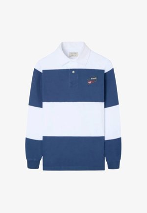 Polo de manga larga a rayas azul marino y blanco con cuello y logo bordado en el pecho izquierdo. Material de algodón, ajuste relajado.