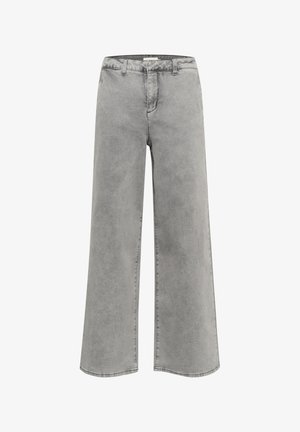 Široke traperice u svijetlosivoj denimu, s glatkom teksturom, klasičnim dizajnom s pet džepova i dekorativnim šavovima.