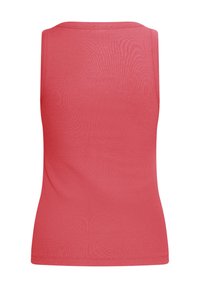 Bez rękawów, koralowy różowy prążkowany top na ramiączkach z okrągłym dekoltem, widziany od tyłu.