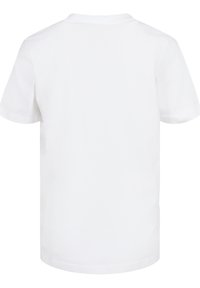 Weißes Baumwoll-T-Shirt mit Rundhalsausschnitt und kurzen Ärmeln, das eine glatte Textur und ein schlichtes, ungeschmücktes Design aufweist.