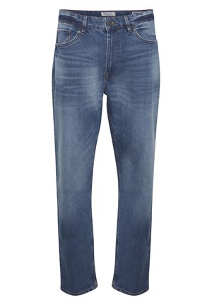 Jeans aus Denim in mittlerem Blau mit einem verwaschenen Finish, Fünf-Taschen-Design, Reißverschluss und geradem Schnitt. Markante Nähte.