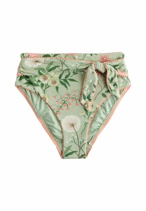 Green floral high-waisted bikini bottom with a tie detail and pink accents. Features a textured fabric with various flower patterns.